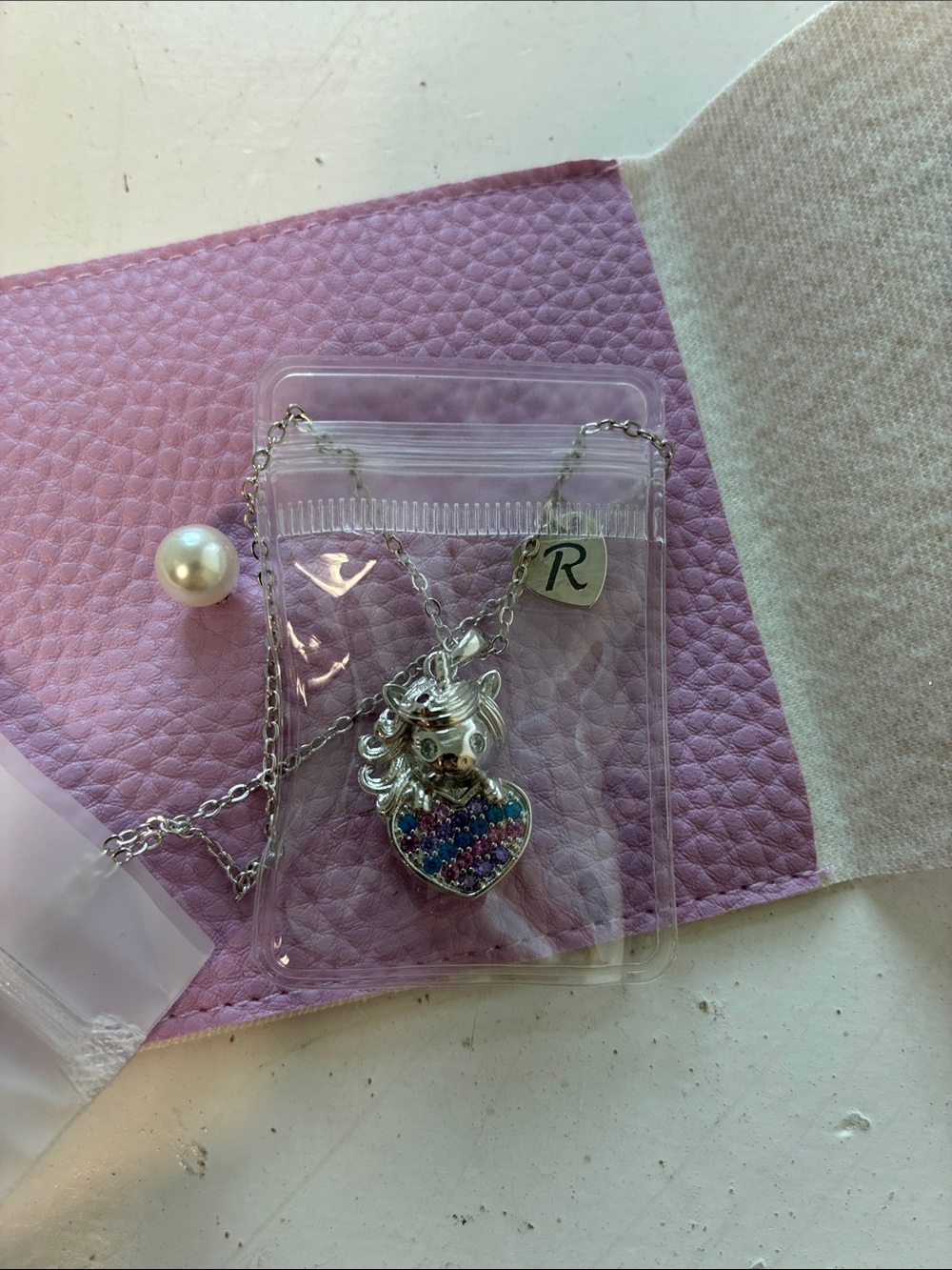 Aueoero Unicorn Initial R Silver Necklace Rainbow Heart Pendant